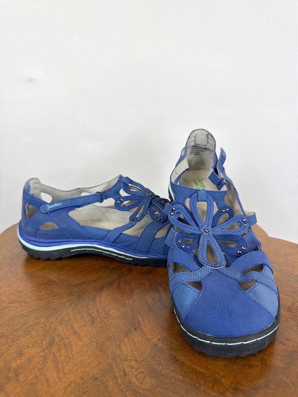 Jambu Blue Leather Cutout Flower Adj Closure Comfort Shoes Womens Size 10 W